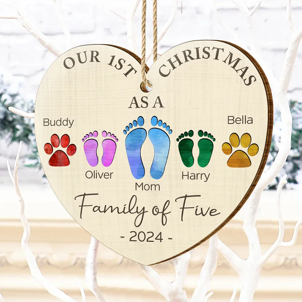 First Christmas As A Family Of Four Color Footprints - Personalized Custom Shaped Wooden Ornament ORNA1210