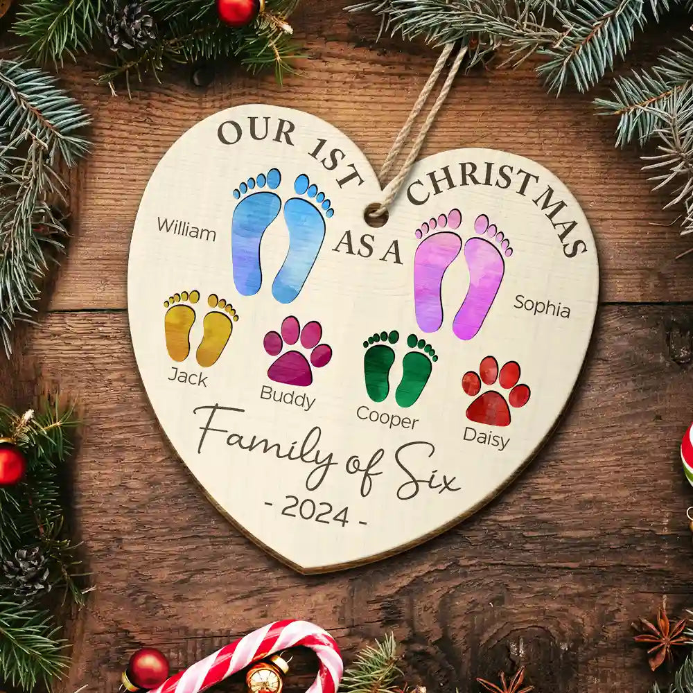 First Christmas As A Family Of Four Color Footprints - Personalized Custom Shaped Wooden Ornament ORNA1210