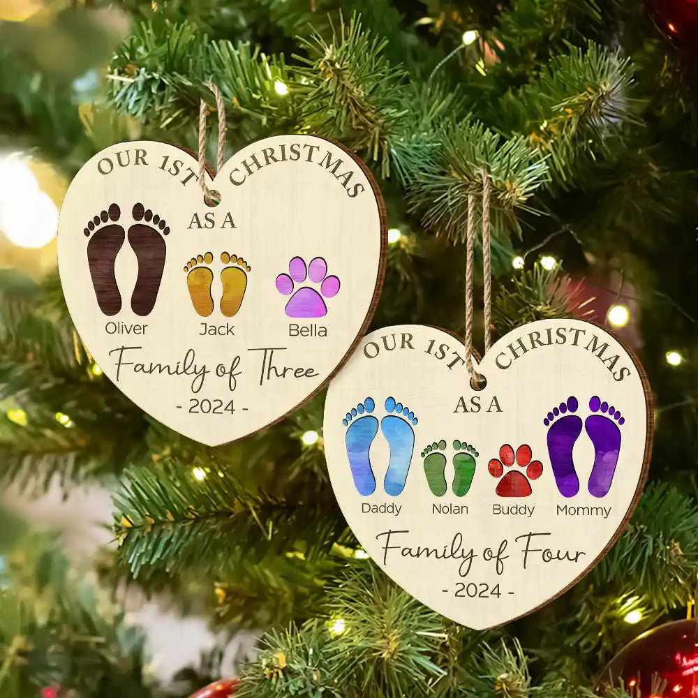 First Christmas As A Family Of Four Color Footprints - Personalized Custom Shaped Wooden Ornament ORNA1210