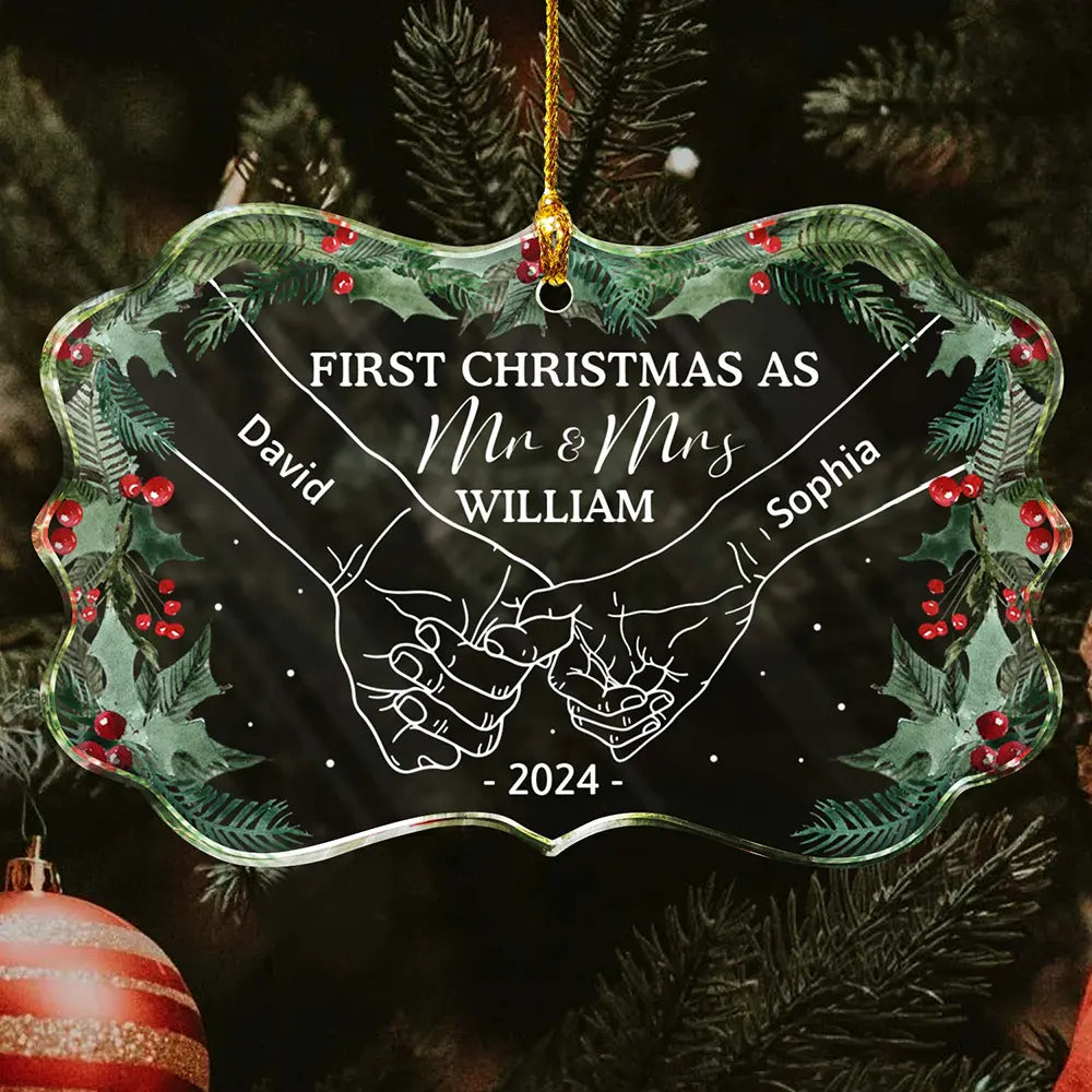 Holding Hands First Christmas As Mr & Mrs Couple - Personalized Medallion Glass Ornament ORNA1210