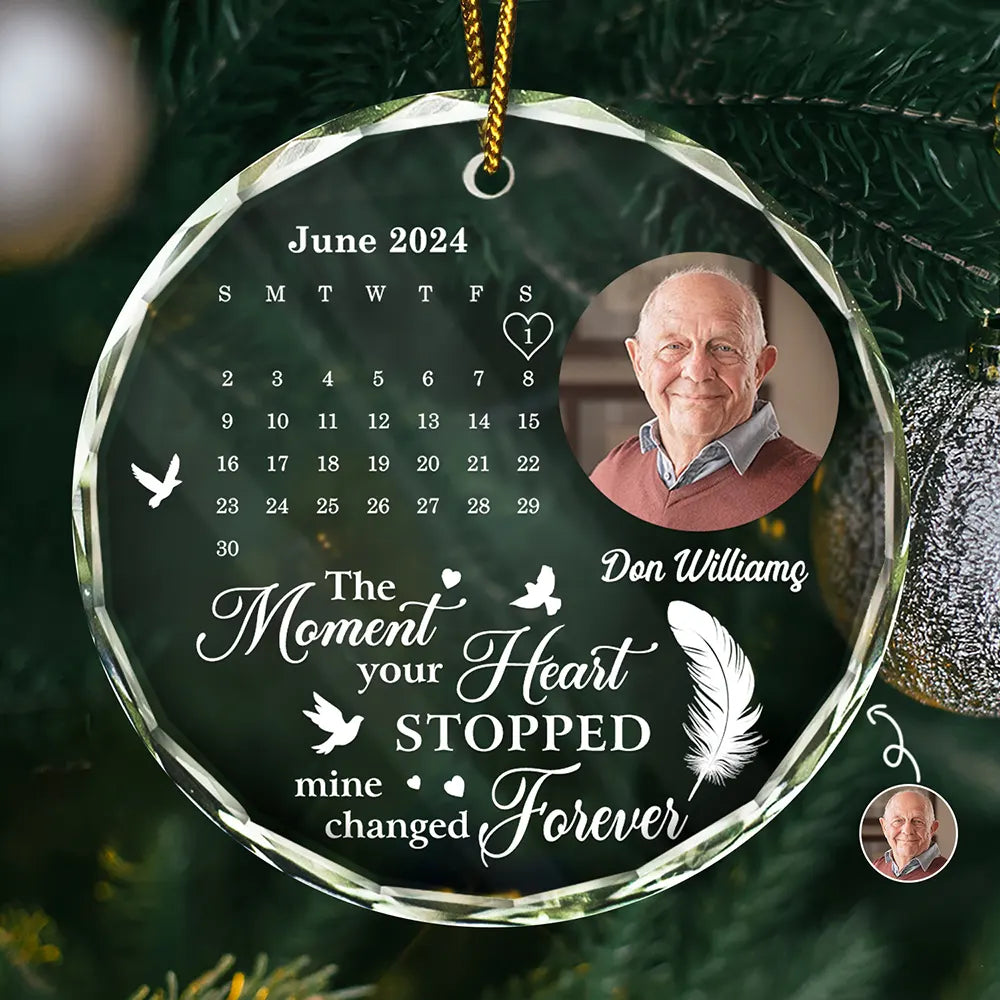 Custom Photo The Moment Your Heart Stopped Memorial Calendar - Personalized Circle Glass Ornament ORNA1210