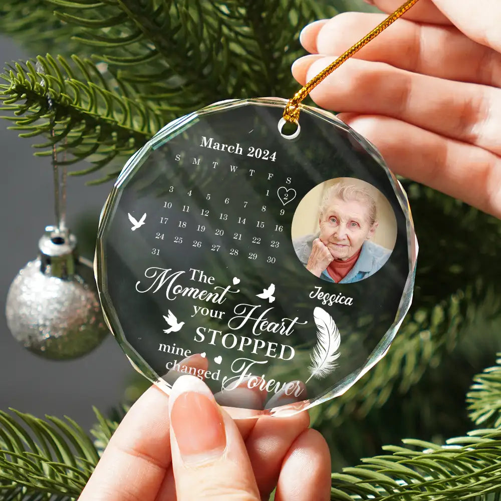 Custom Photo The Moment Your Heart Stopped Memorial Calendar - Personalized Circle Glass Ornament ORNA1210