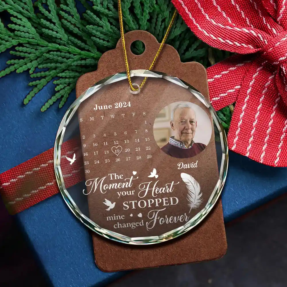 Custom Photo The Moment Your Heart Stopped Memorial Calendar - Personalized Circle Glass Ornament ORNA1210