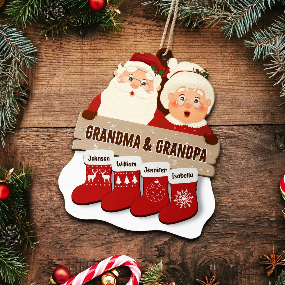 Santa Claus Mrs Claus Grandkids - Personalized 2-Layered Wooden Ornament ORNA1210