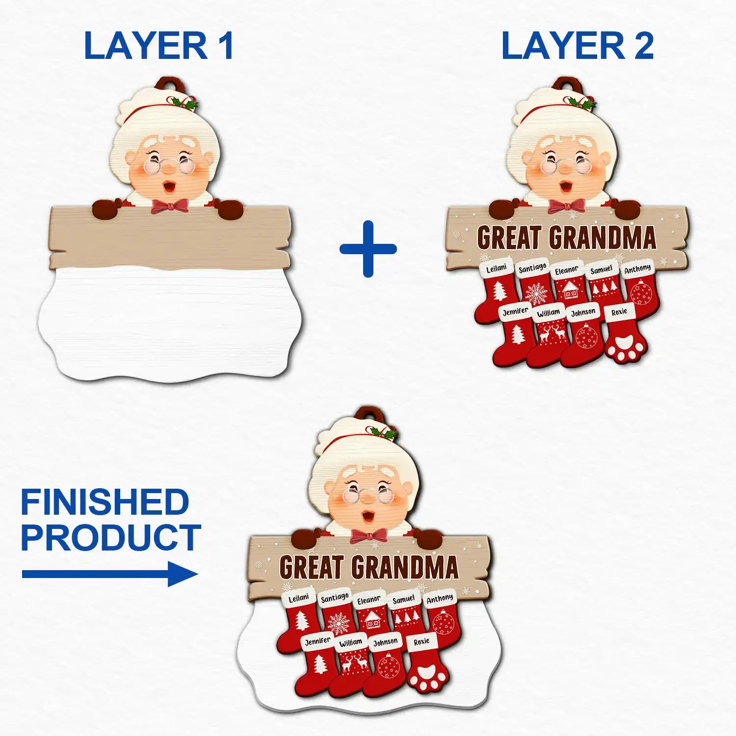 Santa Claus Mrs Claus Grandkids - Personalized 2-Layered Wooden Ornament ORNA1210