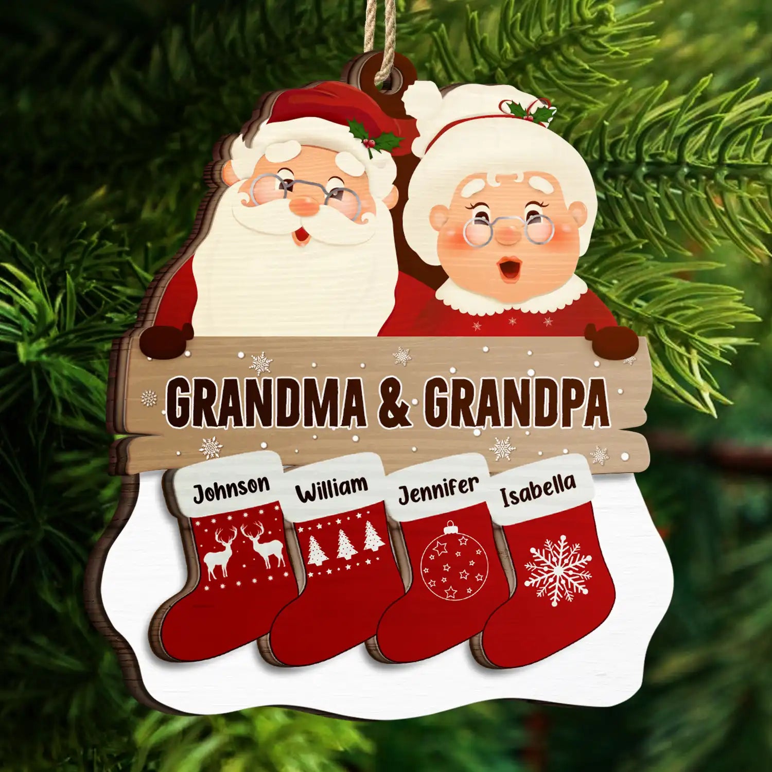 Santa Claus Mrs Claus Grandkids - Personalized 2-Layered Wooden Ornament ORNA1210