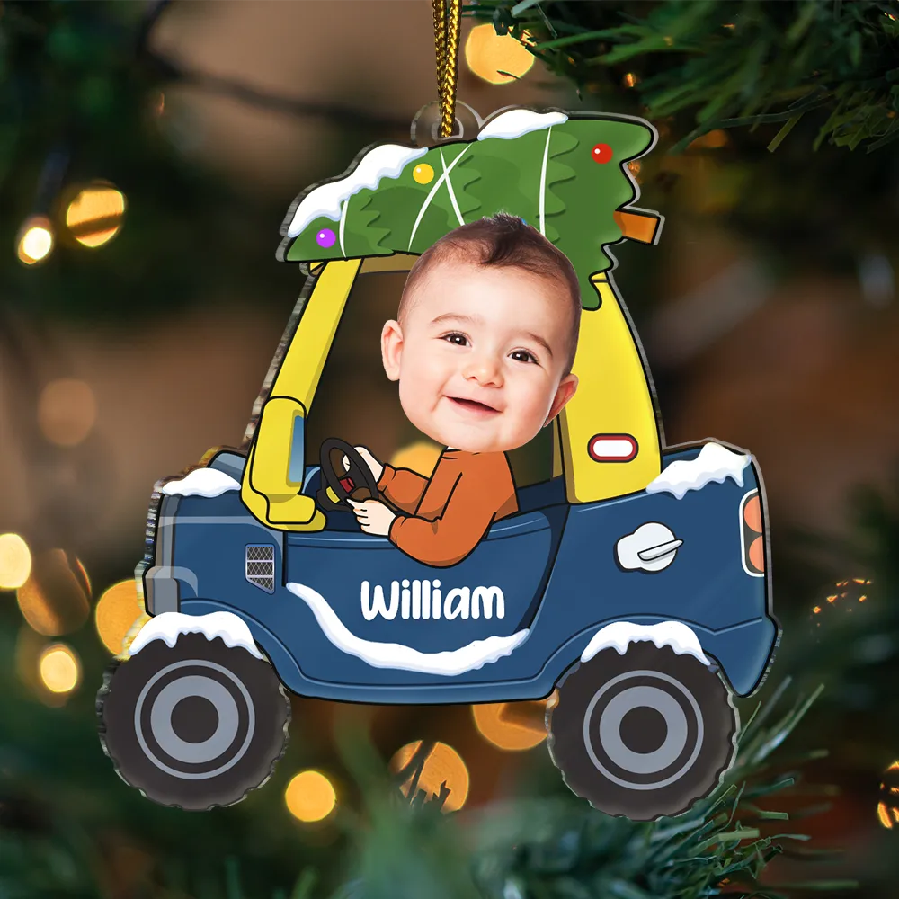 Custom Photo Christmas Baby Kid In Car - Personalized Custom Shaped Acrylic Ornament ORNA1210