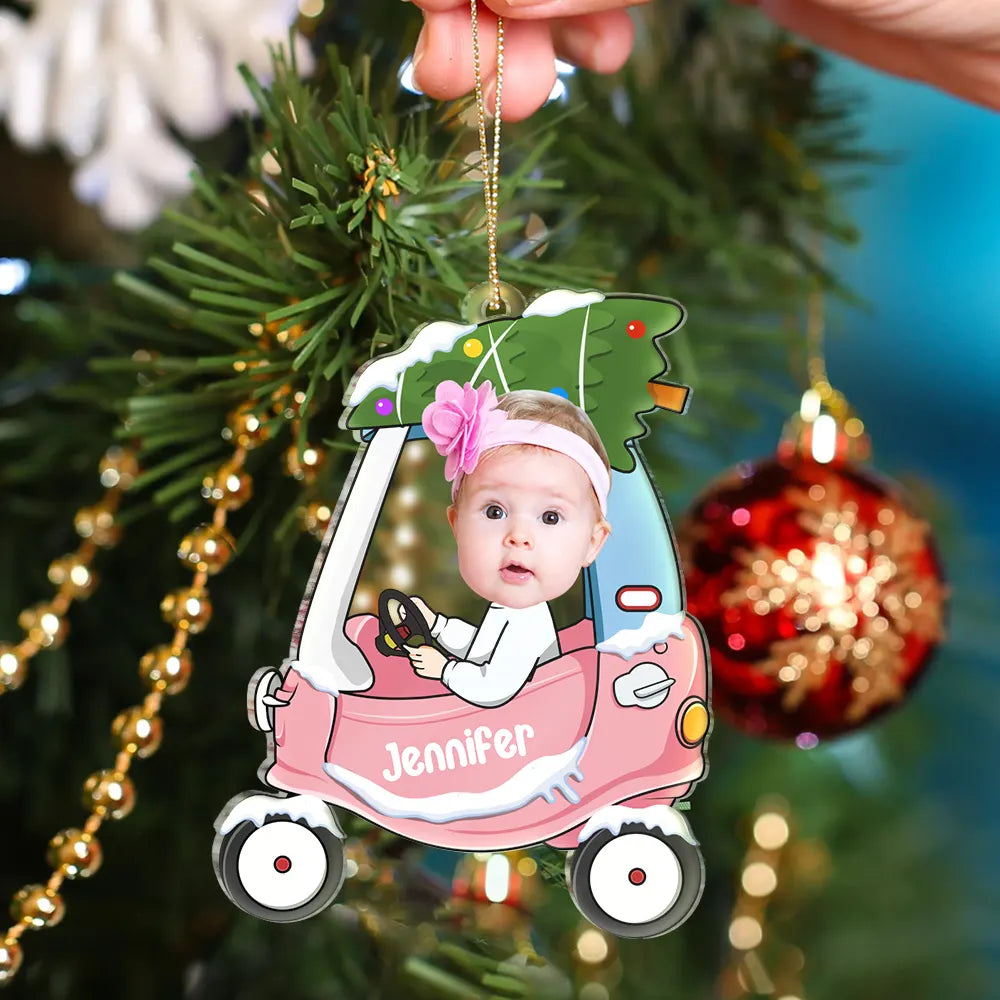Custom Photo Christmas Baby Kid In Car - Personalized Custom Shaped Acrylic Ornament ORNA1210