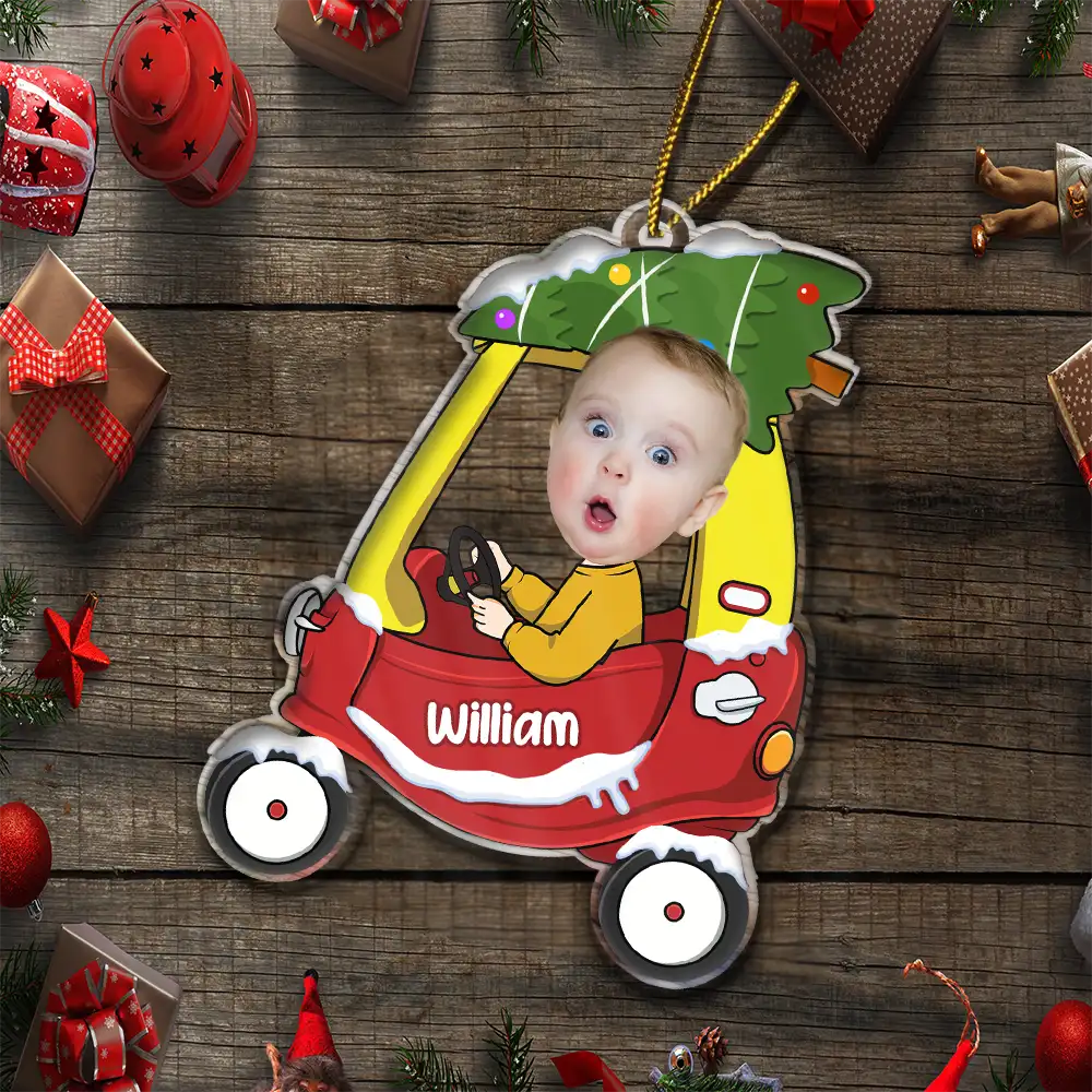 Custom Photo Christmas Baby Kid In Car - Personalized Custom Shaped Acrylic Ornament ORNA1210