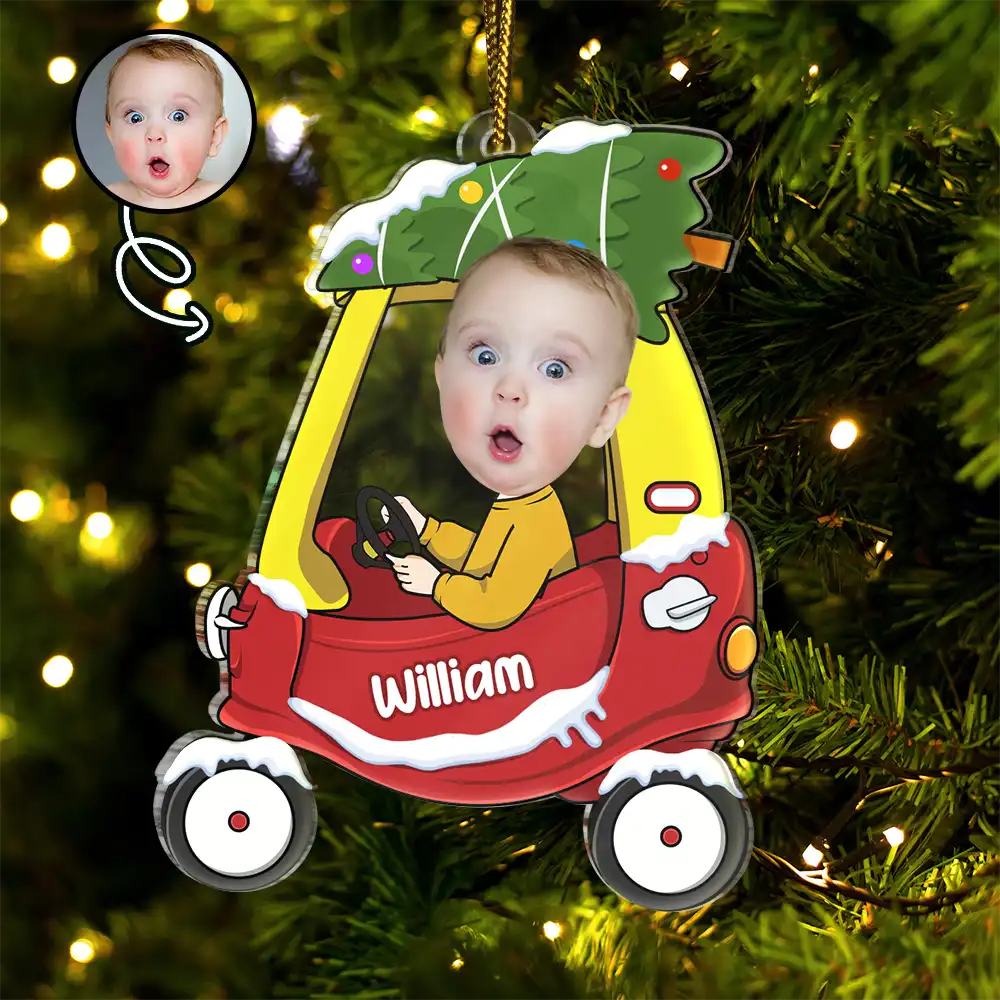 Custom Photo Christmas Baby Kid In Car - Personalized Custom Shaped Acrylic Ornament ORNA1210