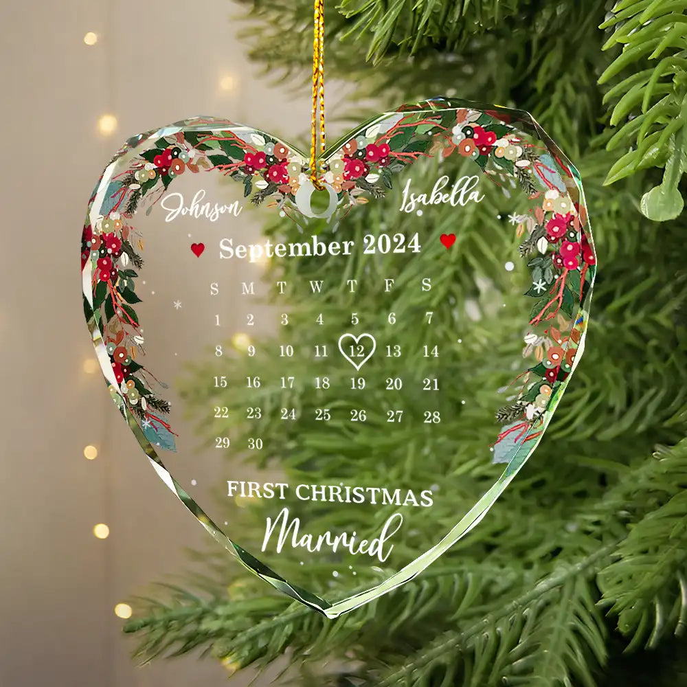 Christmas Calendar First Christmas Couple - Personalized Heart Shaped Glass Ornament ORNA1210