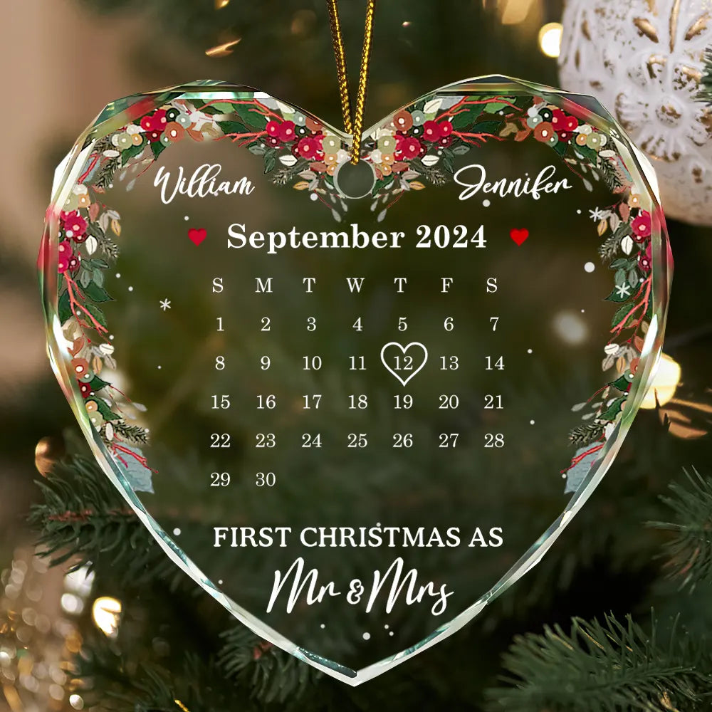 Christmas Calendar First Christmas Couple - Personalized Heart Shaped Glass Ornament ORNA1210