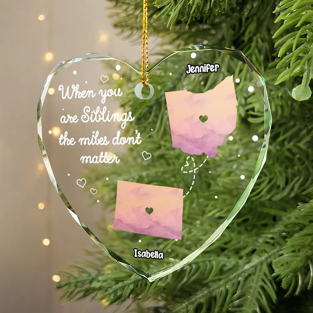 Side By Side Or Miles Apart Long Distance - Personalized Heart Shaped Glass Ornament ORNA1210
