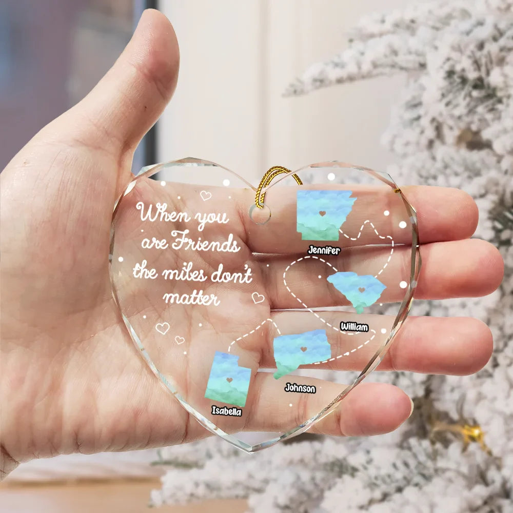Side By Side Or Miles Apart Long Distance - Personalized Heart Shaped Glass Ornament ORNA1210