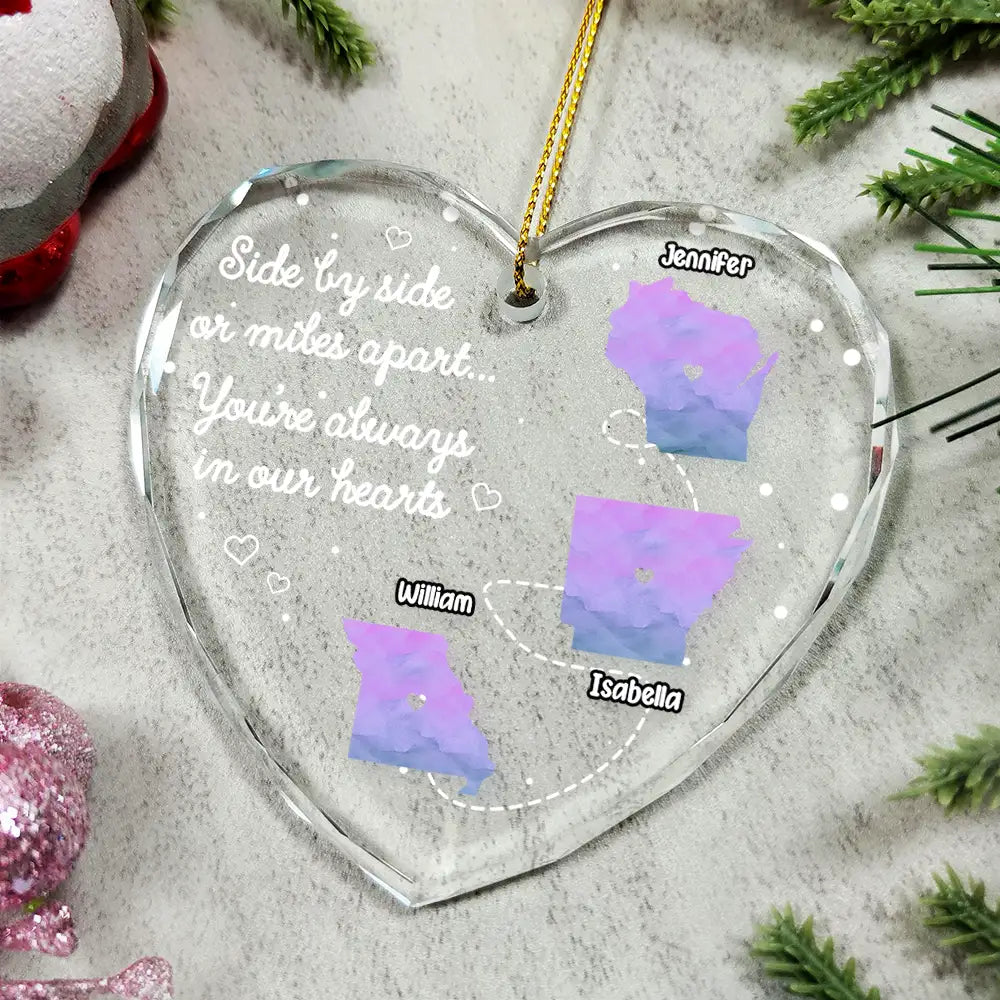 Side By Side Or Miles Apart Long Distance - Personalized Heart Shaped Glass Ornament ORNA1210