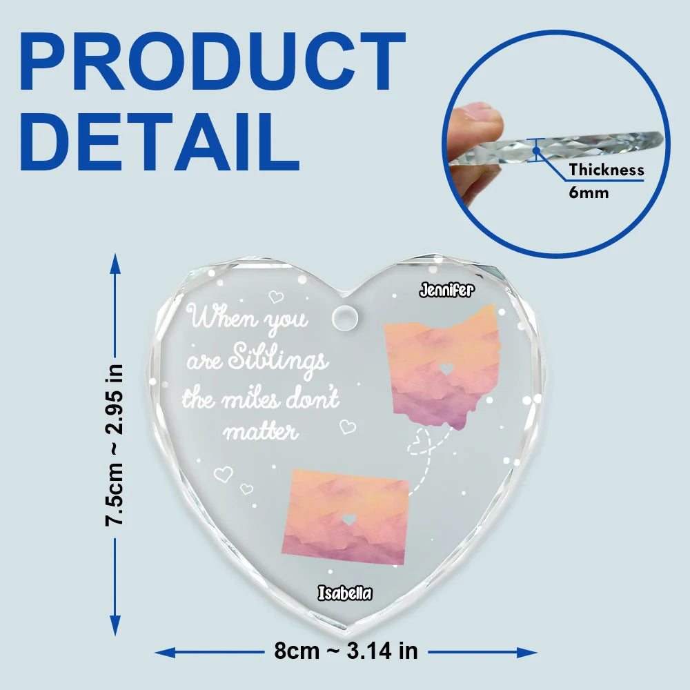 Side By Side Or Miles Apart Long Distance - Personalized Heart Shaped Glass Ornament ORNA1210