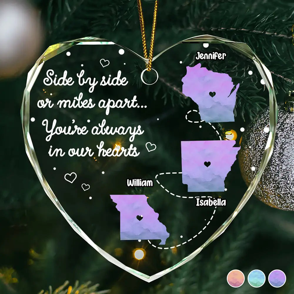Side By Side Or Miles Apart Long Distance - Personalized Heart Shaped Glass Ornament ORNA1210