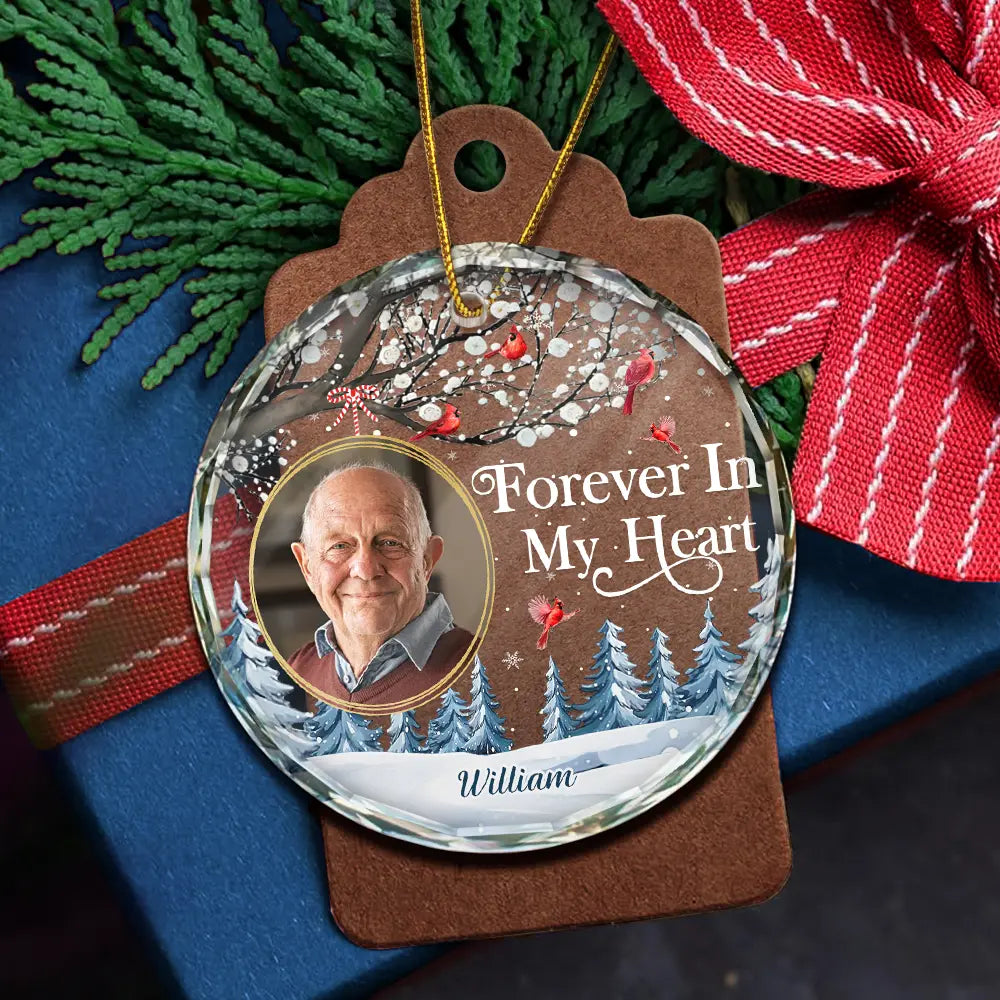 Custom Photo Forever In My Heart Cardinal - Personalized Circle Glass Ornament ORNA1210