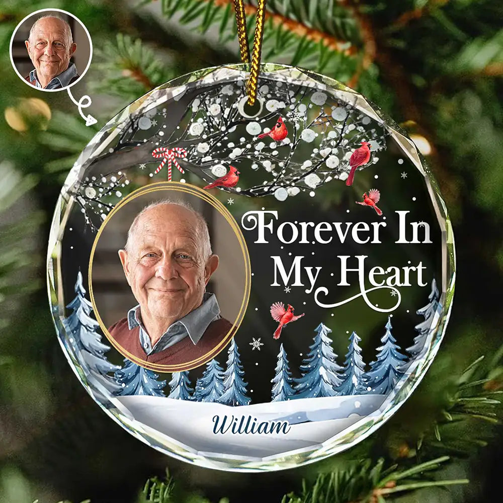 Custom Photo Forever In My Heart Cardinal - Personalized Circle Glass Ornament ORNA1210