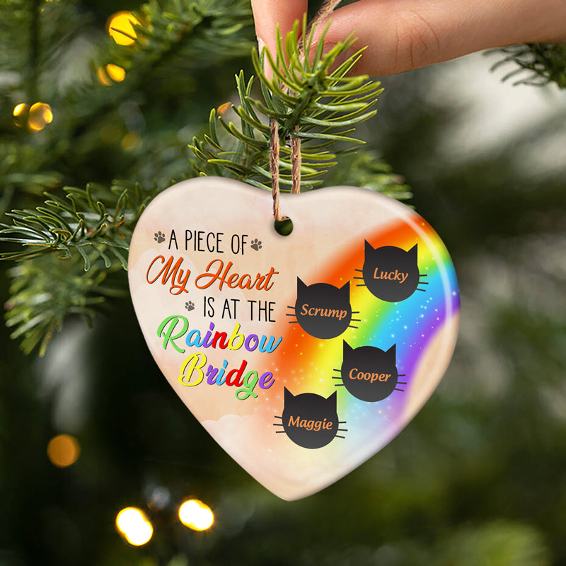 A Piece Of My Heart Is At The Rainbow Bridge - Cat Memorial Gift - Personalized Custom Heart Ceramic Ornament ORNA1210