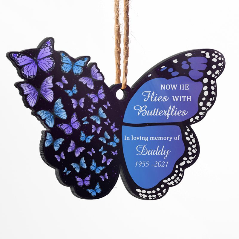 Now She Flies With Butterflies - Memorial Gift - Personalized Custom Butterfly Acrylic Ornament ORNA1210