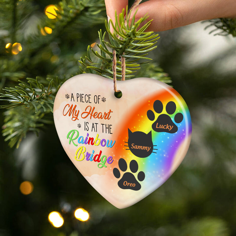 My Heart Is At The Rainbow Bridge Dog Cat - Pet Memorial Gift - Personalized Custom Heart Ceramic Ornament ORNA1210