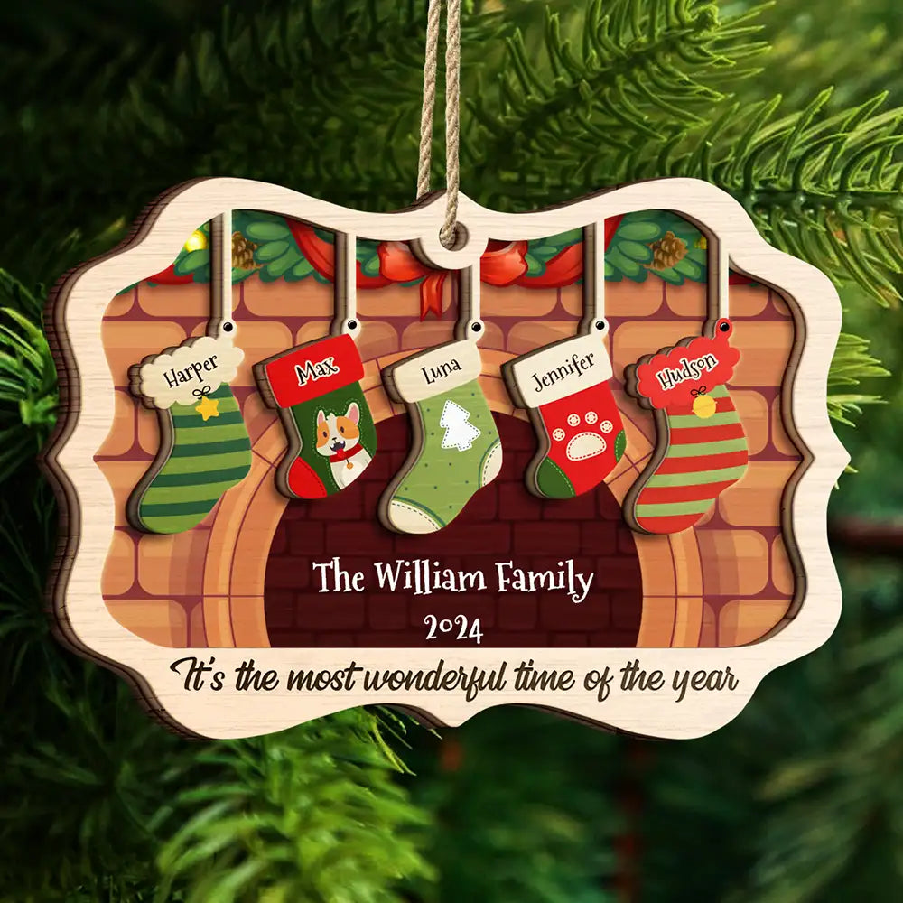 Stockings Hanging The Most Wonderful Time Of Year - Gift For Family - Personalized Custom 2-Layered Wooden Ornament ORNA1210