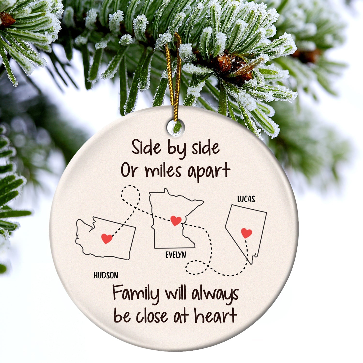 Side By Side Or Miles Apart - Christmas Gift For Family - Personalized Circle Ceramic Ornament ORNA1210