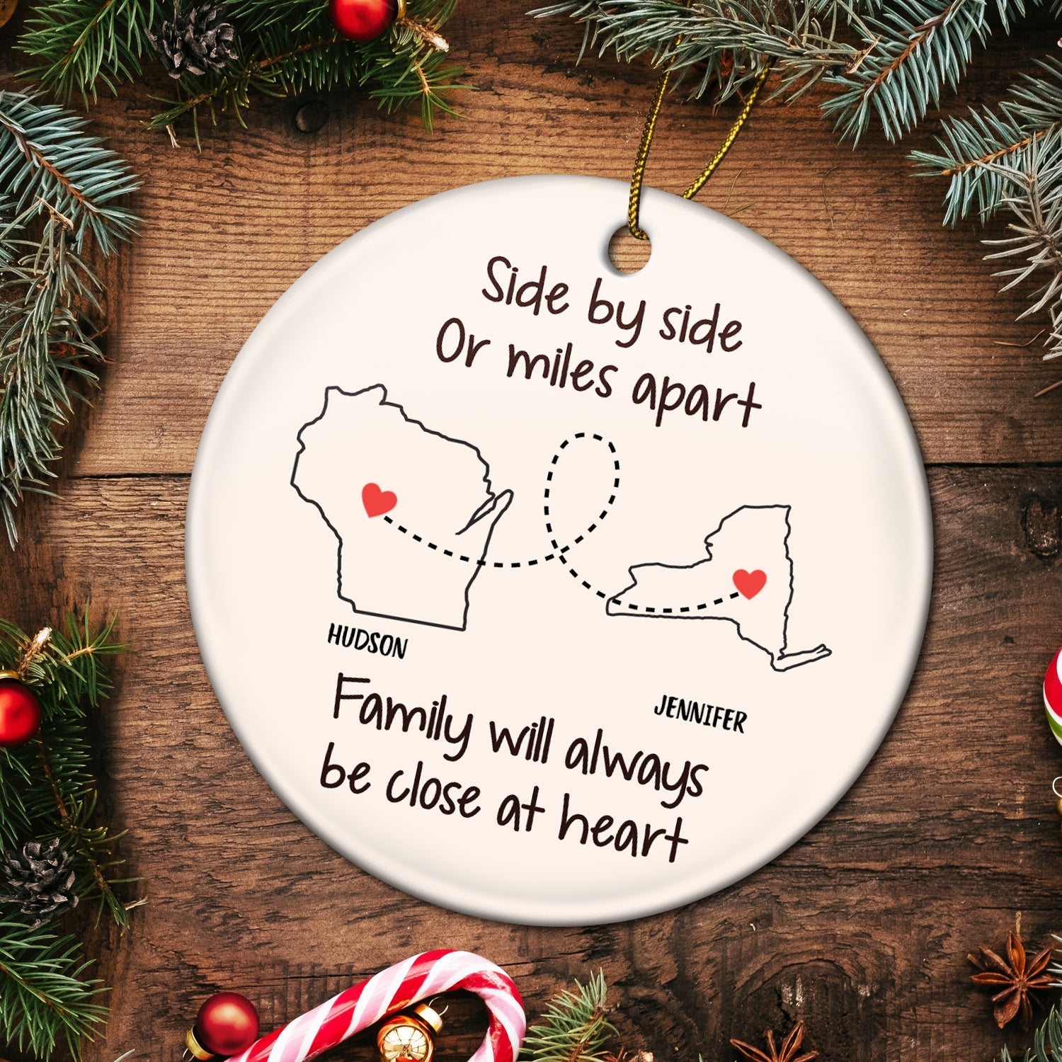 Side By Side Or Miles Apart - Christmas Gift For Family - Personalized Circle Ceramic Ornament ORNA1210