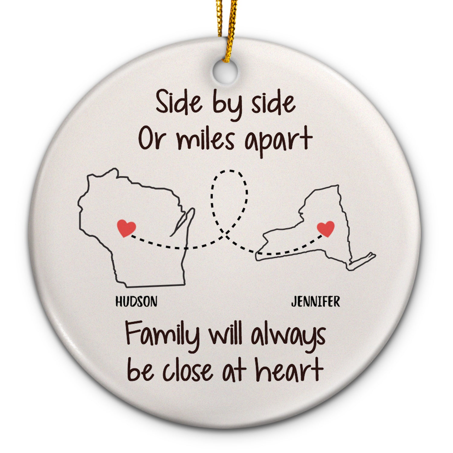 Side By Side Or Miles Apart - Christmas Gift For Family - Personalized Circle Ceramic Ornament ORNA1210