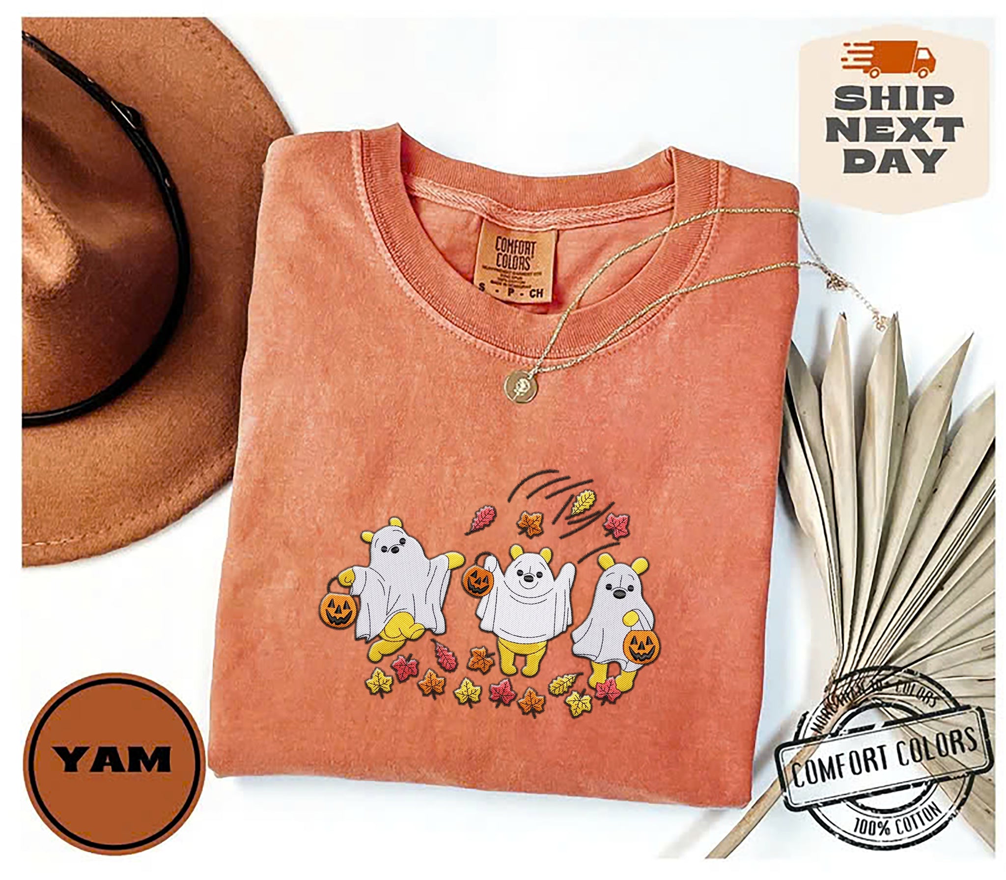 Retro Bear Ghost Embroidery Shirt, Pooh Ghost, Autumn Leaves, Pooh Halloween Embroidery Shirt EMHA2708 04