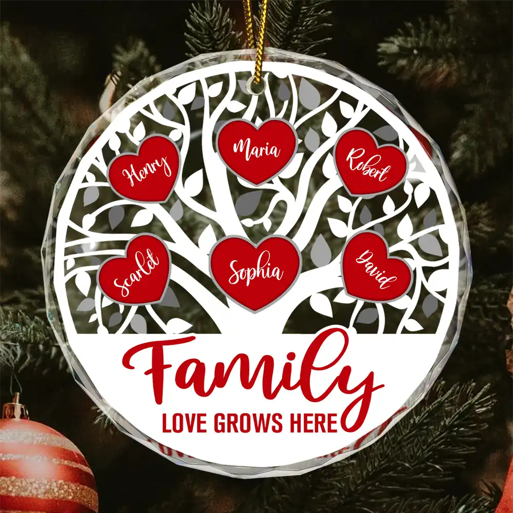 Love Grows Here Christmas Family - Personalized Circle Glass Ornament ORNA1210