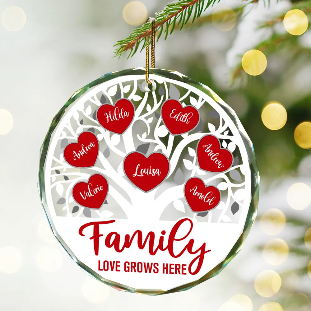 Love Grows Here Christmas Family - Personalized Circle Glass Ornament ORNA1210