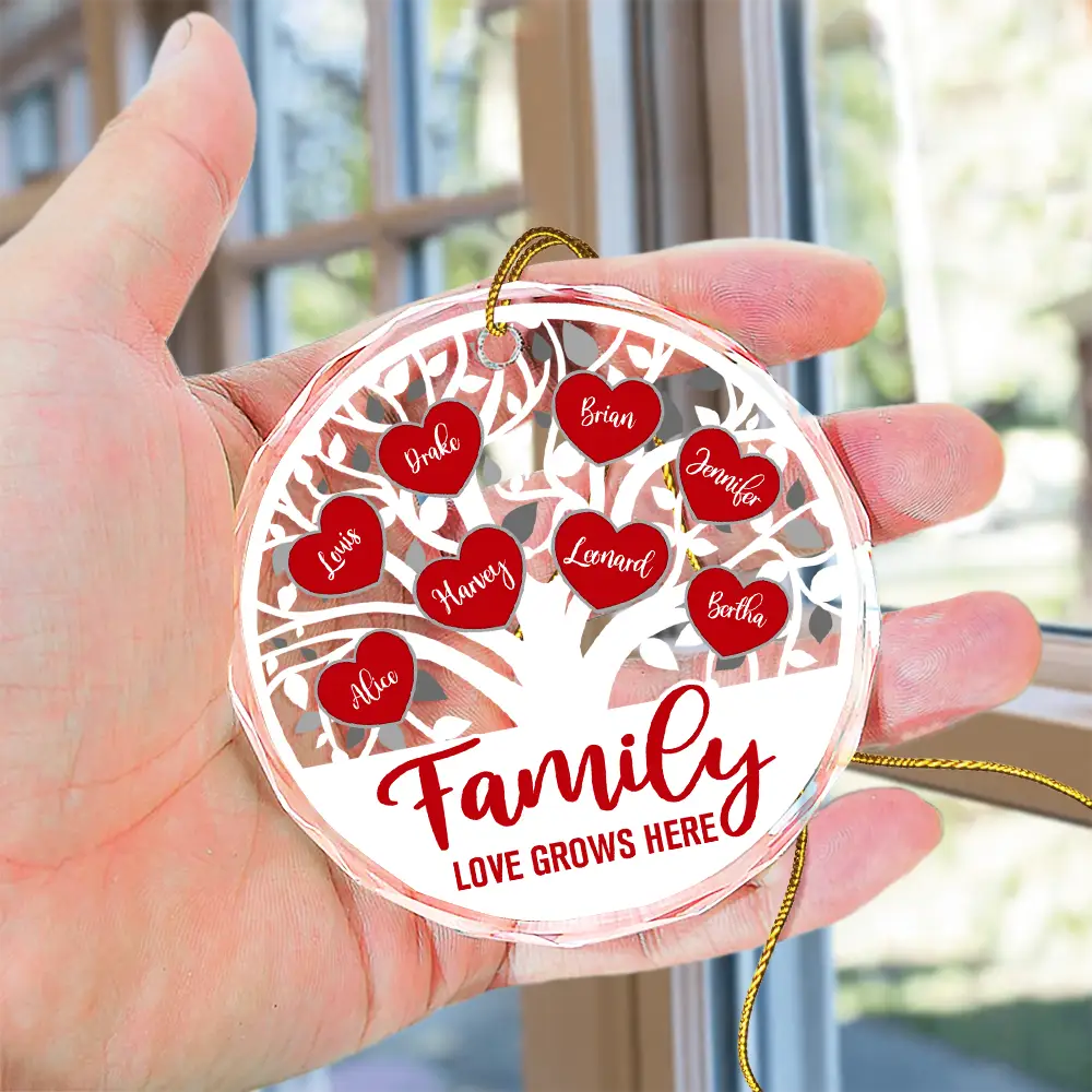 Love Grows Here Christmas Family - Personalized Circle Glass Ornament ORNA1210