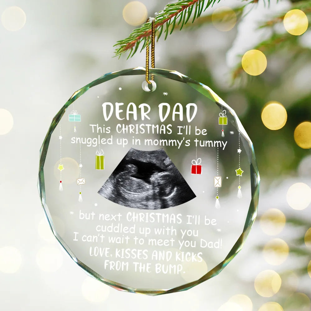Custom Photo Baby Bump To Daddy, Mommy New Parents Christmas - Personalized Circle Glass Ornament ORNA1210