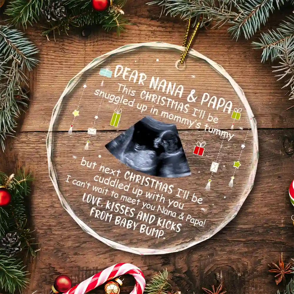 Custom Photo Baby Bump To Daddy, Mommy New Parents Christmas - Personalized Circle Glass Ornament ORNA1210