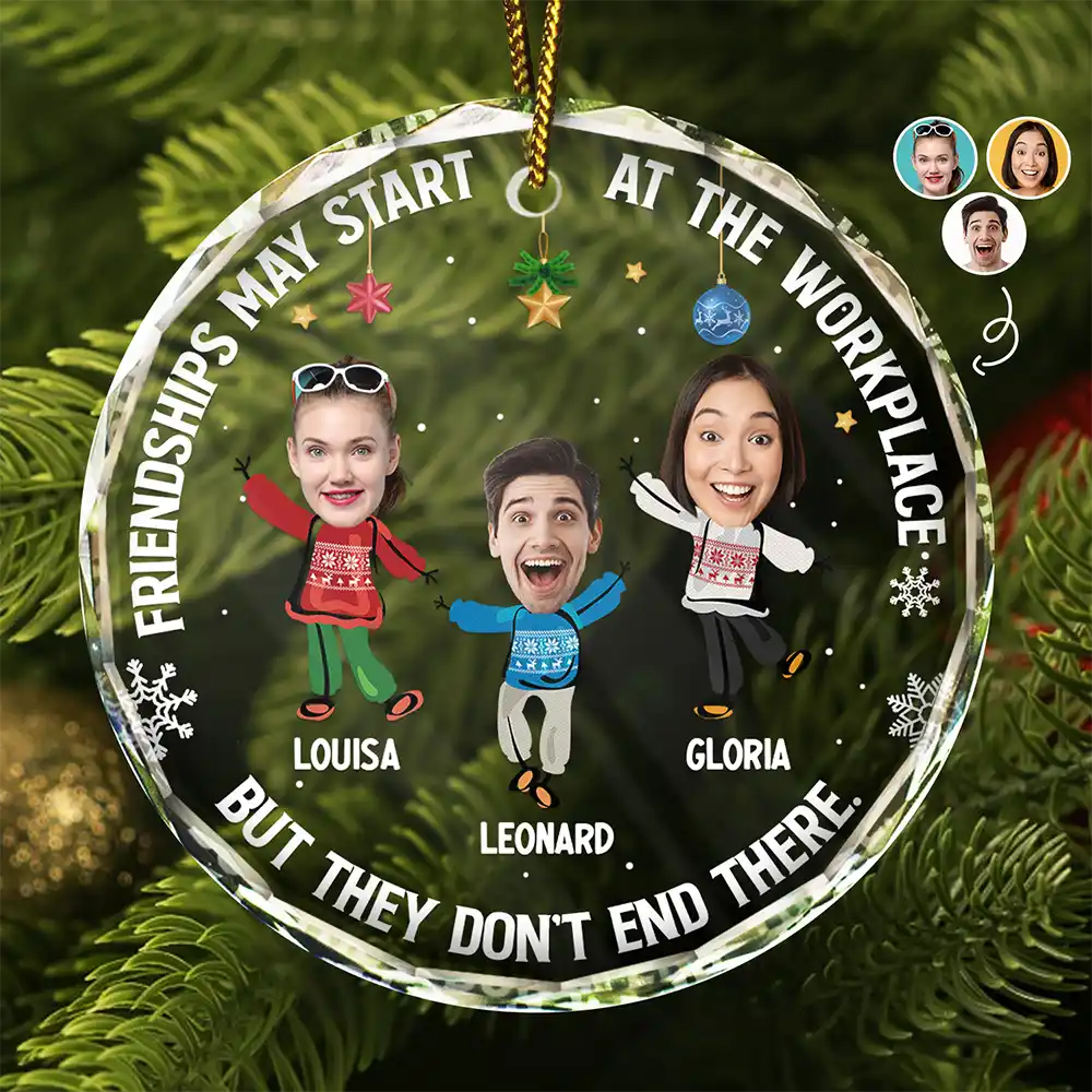 Custom Photo Friendships May Start At The Workplace Christmas Colleagues - Personalized Circle Glass Ornament ORNA1210