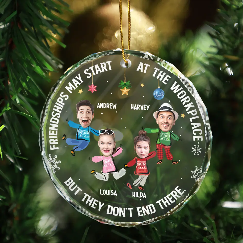 Custom Photo Friendships May Start At The Workplace Christmas Colleagues - Personalized Circle Glass Ornament ORNA1210