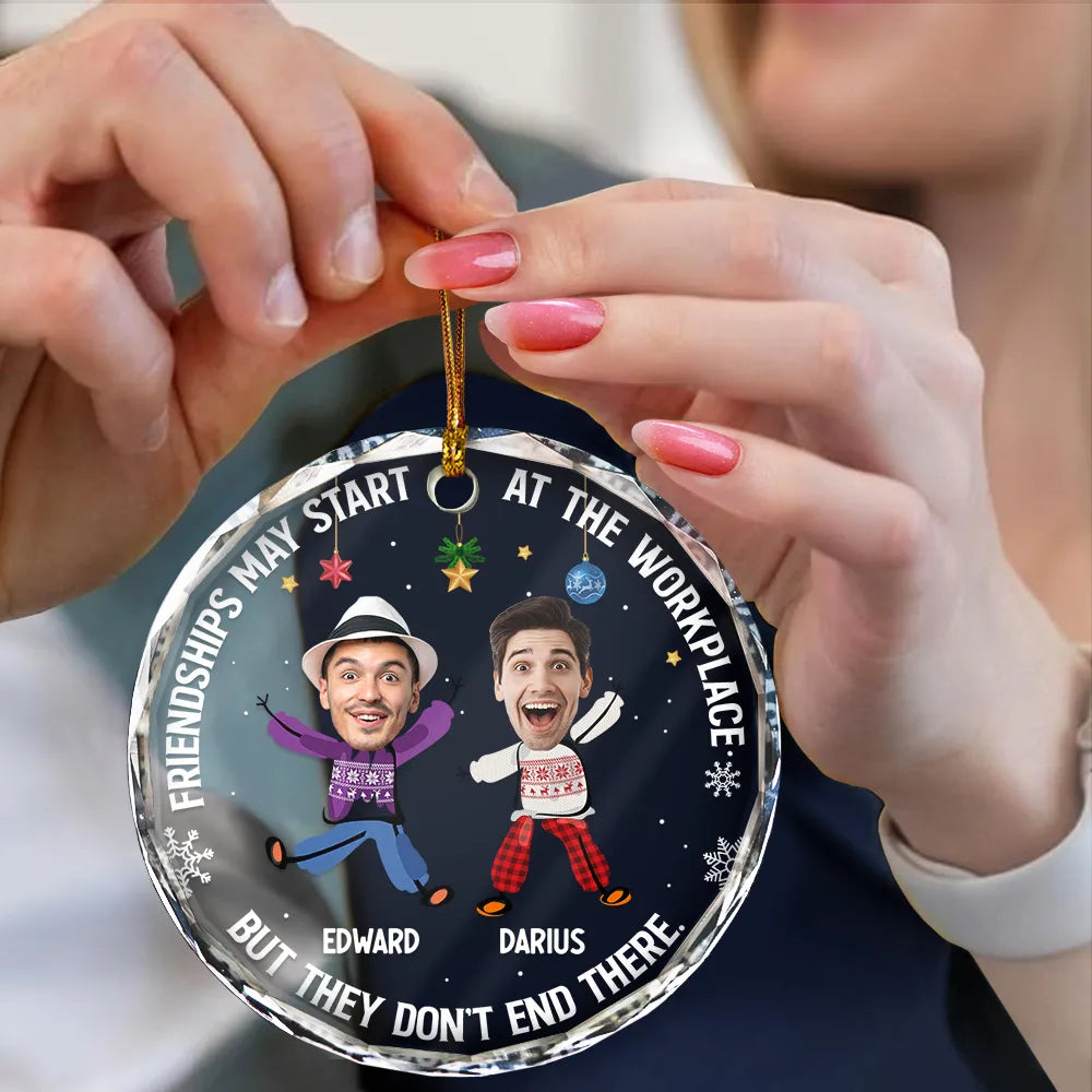 Custom Photo Friendships May Start At The Workplace Christmas Colleagues - Personalized Circle Glass Ornament ORNA1210