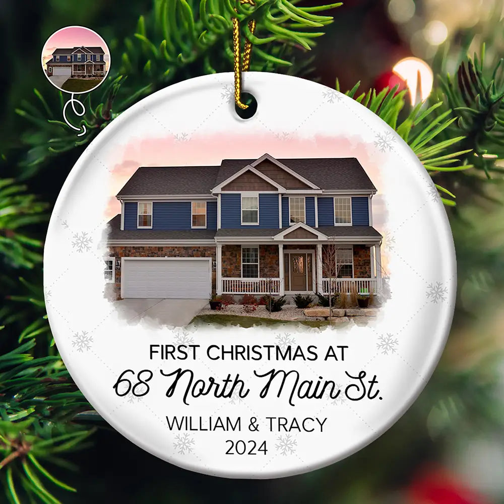 Custom Photo First Christmas At New Home Couple Family - Personalized Circle Ceramic Ornament ORNA1210