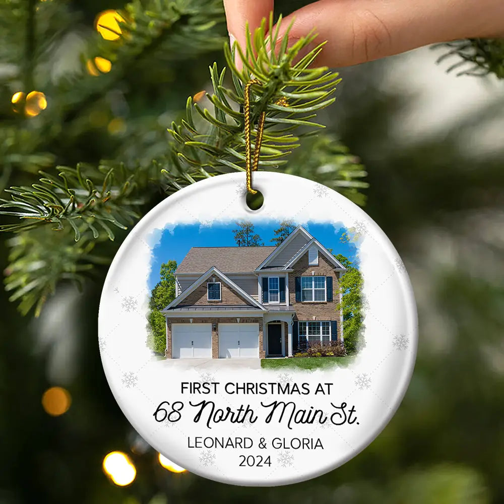 Custom Photo First Christmas At New Home Couple Family - Personalized Circle Ceramic Ornament ORNA1210