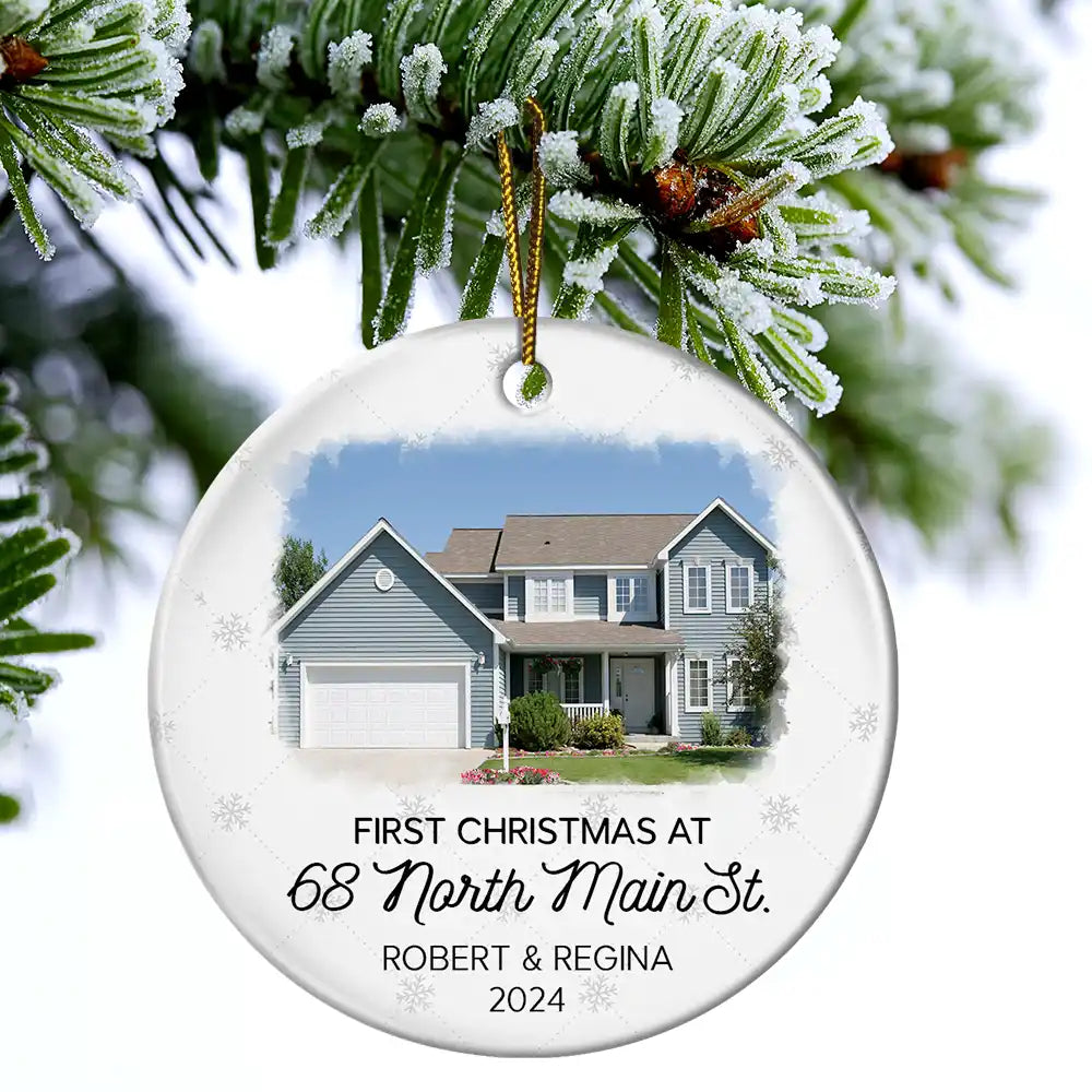 Custom Photo First Christmas At New Home Couple Family - Personalized Circle Ceramic Ornament ORNA1210