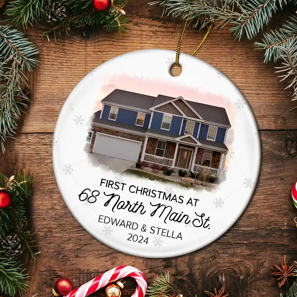 Custom Photo First Christmas At New Home Couple Family - Personalized Circle Ceramic Ornament ORNA1210