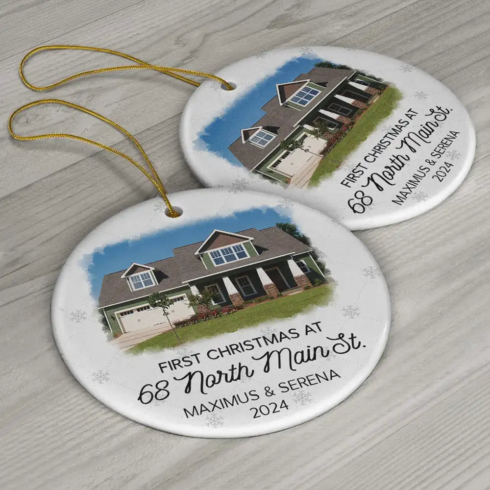 Custom Photo First Christmas At New Home Couple Family - Personalized Circle Ceramic Ornament ORNA1210