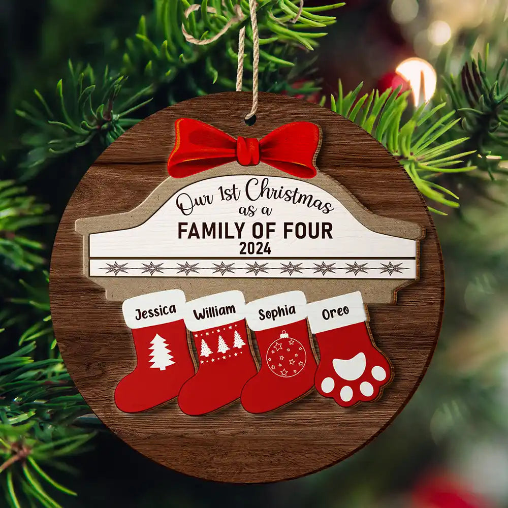 First Christmas As A Family Of Four Stocking Family - Personalized 2-Layered Wooden Ornament ORNA1210