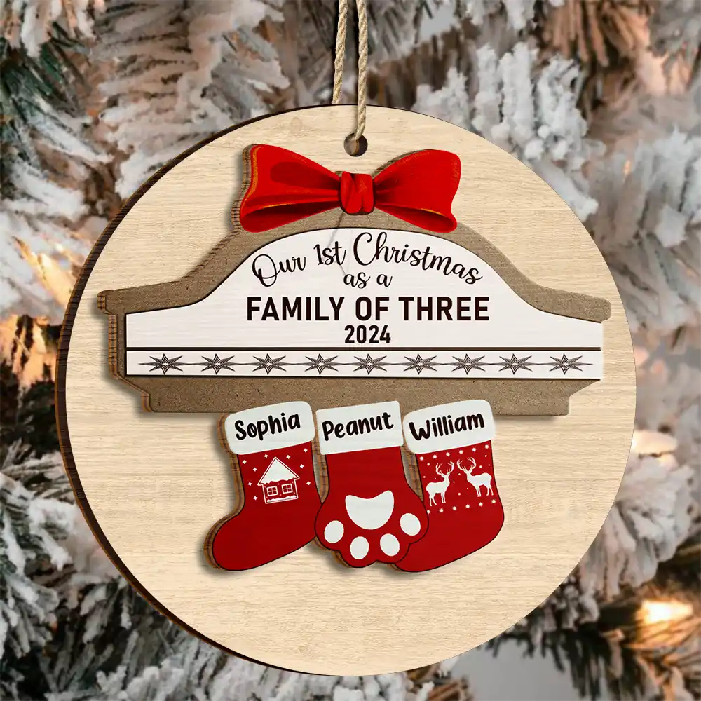 First Christmas As A Family Of Four Stocking Family - Personalized 2-Layered Wooden Ornament ORNA1210