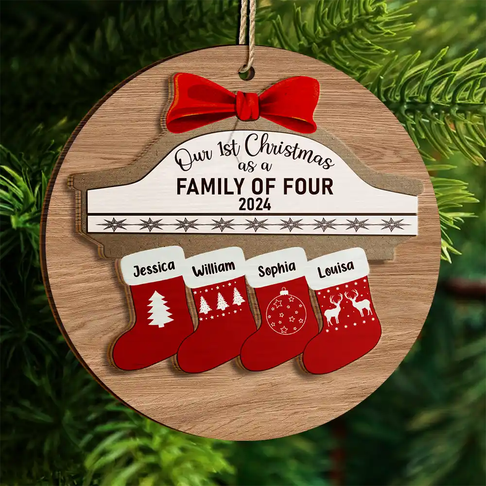 First Christmas As A Family Of Four Stocking Family - Personalized 2-Layered Wooden Ornament ORNA1210