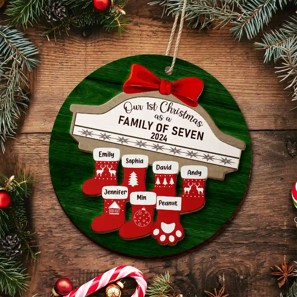 First Christmas As A Family Of Four Stocking Family - Personalized 2-Layered Wooden Ornament ORNA1210