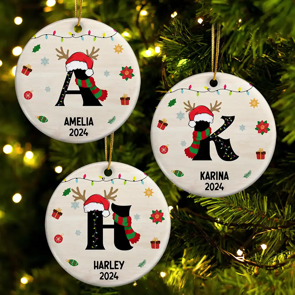 Name Monogram Christmas Family - Personalized Combo Circle Ceramic Ornament Set ORNA1210