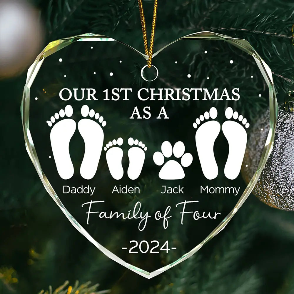 First Christmas As A Family Of Four Footprints - Personalized Heart Shaped Glass Ornament ORNA1210